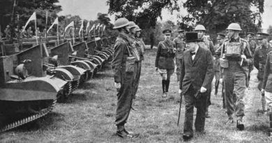 Winston Churchill inspects a unit of the Grenadier Guards equipped with Bren Gun Carriers. He spent much time travelling around every part of the country visiting all types of military unit.